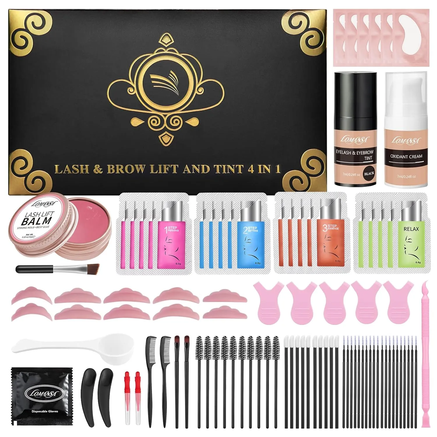 Lash Lift Color Kit Black Eyelash Perm Kit with Lash Lift Balm, Instant Curled and Voluminous Coloring with Black Hair Colors, Complete Tools for Salon Home