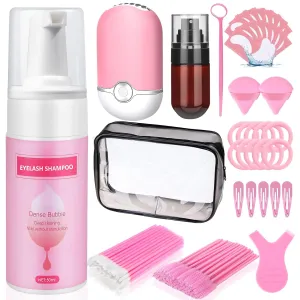 Lash Shampoo for Lash Extensions with Makeup bag, Gentle Mousse Lash Shampoo Deep Clean, Lash Wash for Eyelash Extensions with Air Conditioning Fan, Lash Cleaning Kit with Brush for Salon & Home Use