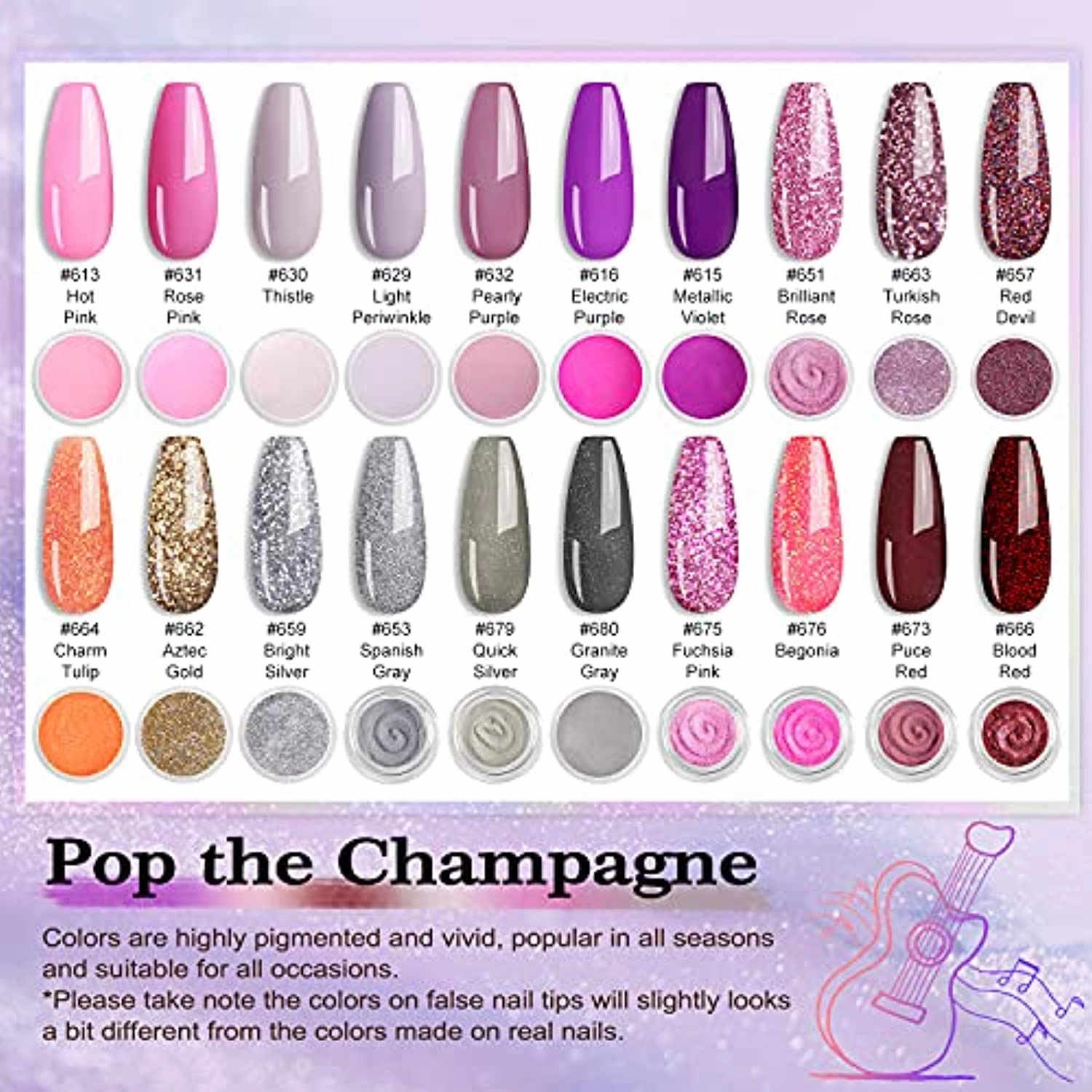 Lavender Violets 20 Colors Dip-Powder-Nail-Kit Starter 0.5 oz/bot. Large Jar - Glitter Nude Pink Dipping Powder Set with Dip Liquid Gel, Nail Brush and Nail File, Pop the Champagne Collection K934