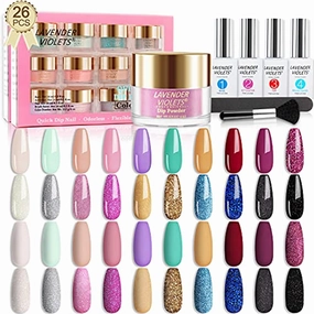 Lavender Violets Fast-Dry Dip-Powder-Nail Kit 20 Colors 0.5 oz/bot. Nude Glitter Pink and Blue Dipping Powder Set with Dip Base Activator and Top Coat, Nail File & Brush, Rainbow Nails Collection K932