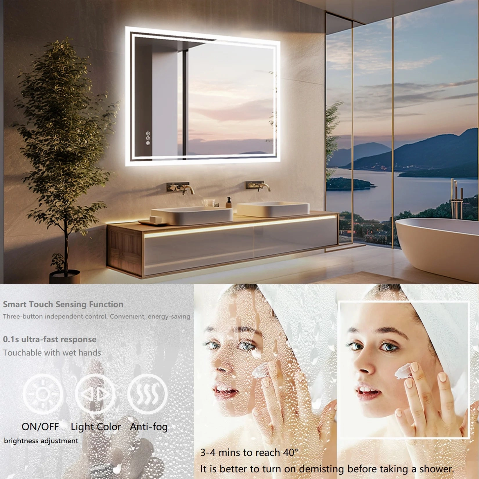 LED Bathroom Mirror with Anti-Fog & 3-Color Touch Light