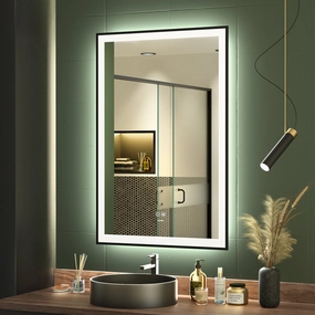 LED Black Framed Bathroom Vanity Mirror, Illuminated Dimmable Anti Fog Makeup Mirror, 3 Color Light Orren Ellis Size: 36" x 24"