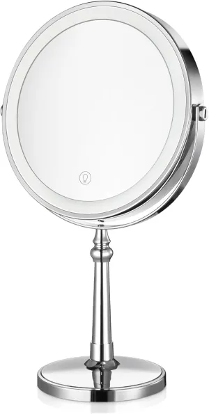 Lighted Makeup Mirror, 9" Rechargeable Vanity Mirror with Lights, Double-Sided 1X/10X Magnification, 3 Color Lights, Brightness Adjustable, 360° Rotation