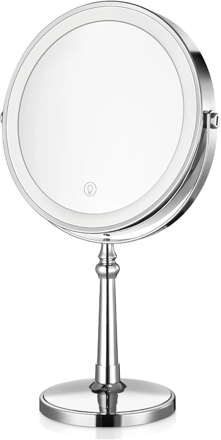 Lighted Makeup Mirror, 9" Rechargeable Vanity Mirror with Lights, Double-Sided 1X/10X Magnification, 3 Color Lights, Brightness Adjustable, 360° Rotation