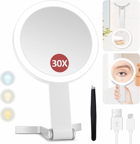 Lighted Makeup Mirror, 30X Magnifying Mirror with Light and Adjustable Brightness, Hanging and Handheld Mirror with Handle, Portable Travel Makeup Mirror with Lights, Vanity Mirror for Women