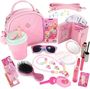 Little Girls Play Purse and Pretend Makeup Kit- 49PCS My First Purse Set Includes Handbag Phone Wallet Play Makeup Princess Jewelry Water Bottle, Pretend Play Gift Toys for Girls Toddlers Age 3 