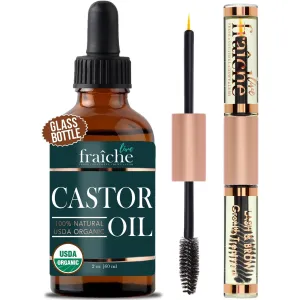 Live Fraiche Organic Castor Oil for Face (2oz)   FREE Filled Mascara Tube, 100% Pure USDA Eyebrow Eyelash Growth Serum, Cold Pressed, Hexane Free Hair Lash Serum
