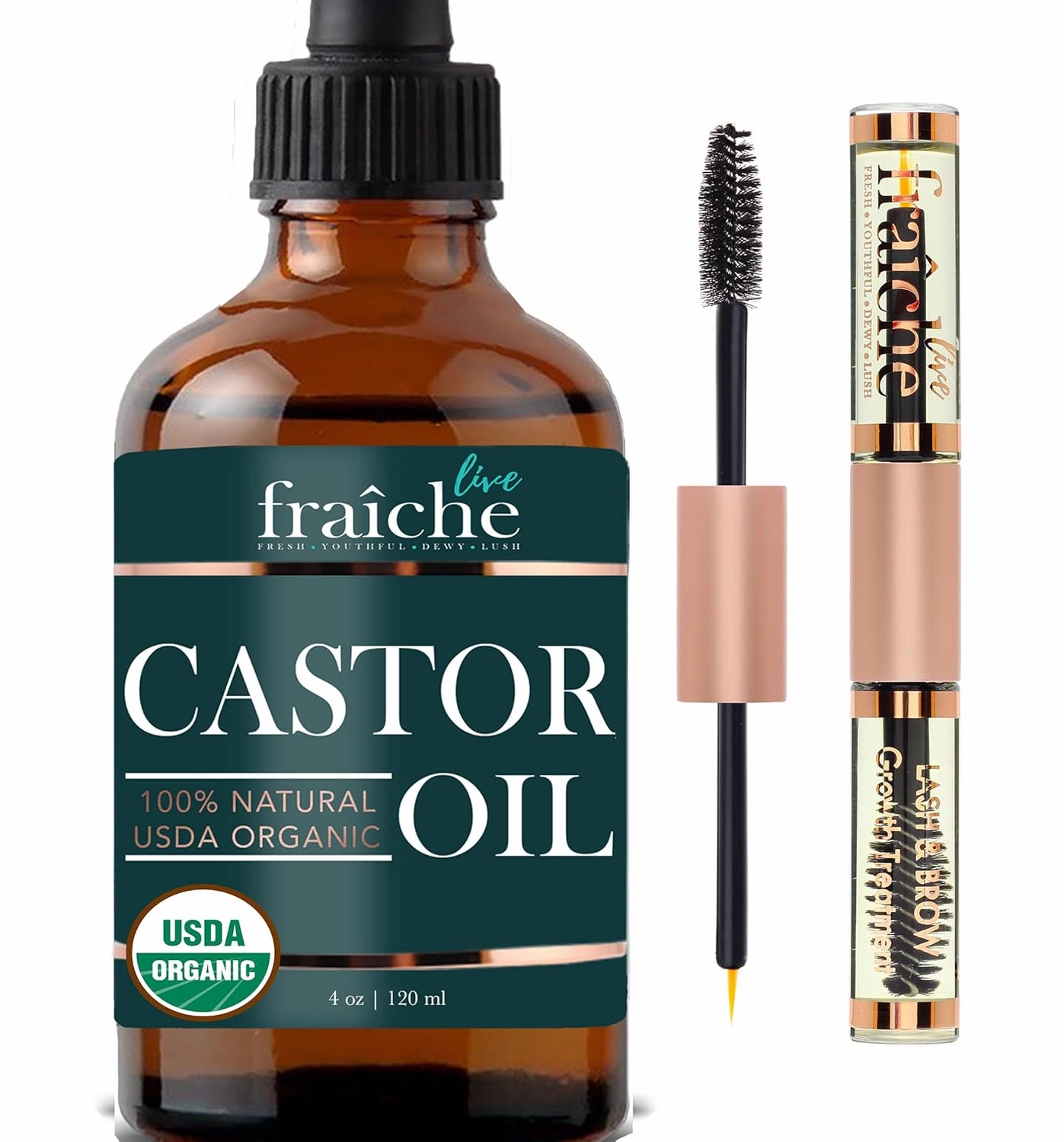 Live Fraiche Organic Castor Oil (4oz)   Filled Mascara Tube, 100% USDA Pure, Cold Pressed, Hexane Free Lash Serum Hair Growth Oil for Eyelashes, Eyebrows, Hair - Brow and Hair Treatment Oil