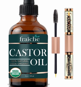 Live Fraiche Organic Castor Oil (4oz)   Filled Mascara Tube, 100% USDA Pure, Cold Pressed, Hexane Free Lash Serum Hair Growth Oil for Eyelashes, Eyebrows, Hair - Brow and Hair Treatment Oil