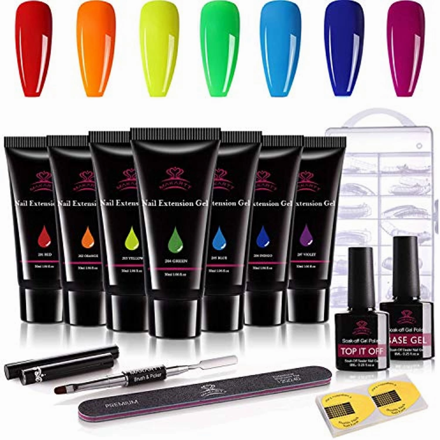 Makartt Rainbow Poly Nail Gel Kit with Mini Nail Lamp Bundle, Rainbow Color Neon Nail Builder Gel Red Blue Purple Orange Yellow Green Nail Gel 6W Mini UV LED Nail Lamp