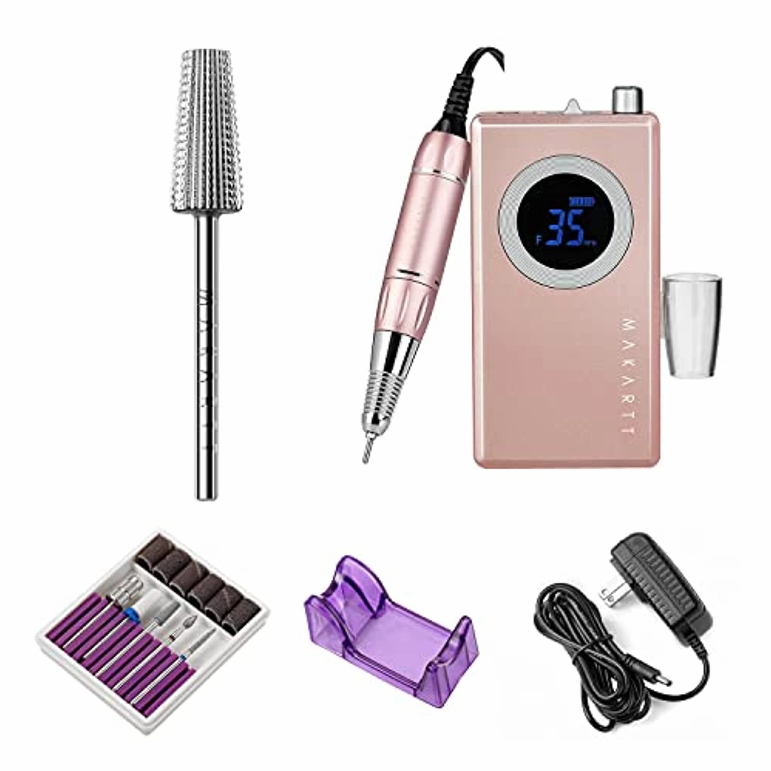 Makartt Rechargeable Nail Drill Electric Nail File Pink Stephanee 35000RMP Professional Nail Drill Kit with 5 in 1 Nail Drill Bits Tapered Drill Bits for Nails Fast Removing Acrylic Nail Hard Gels