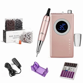 Makartt Rechargeable Nail Drill Stephanee Electric Nail File Pink 35000RMP Professional Nail Drill Kit Bundle with 300Pcs Nail File Sanding Bands