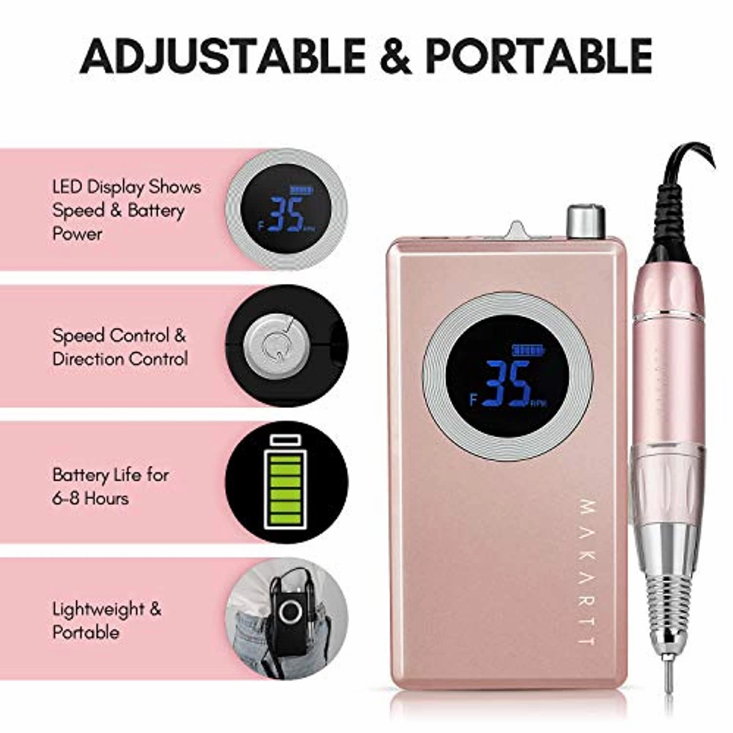 Makartt Rechargeable Nail Drill Stephanee Electric Nail File Pink 35000RMP Professional Nail Drill Kit Bundle with 300Pcs Nail File Sanding Bands