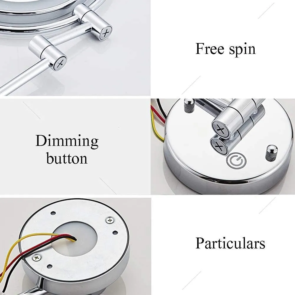 Makeup Mirror Wall Mounted, Cosmetic Mirror with Lights and Magnification 3X, Bathroom Mirror 8inch Round Make Up Mirror 360 Rotation, for Bathroom Hotels USB Rechargeable