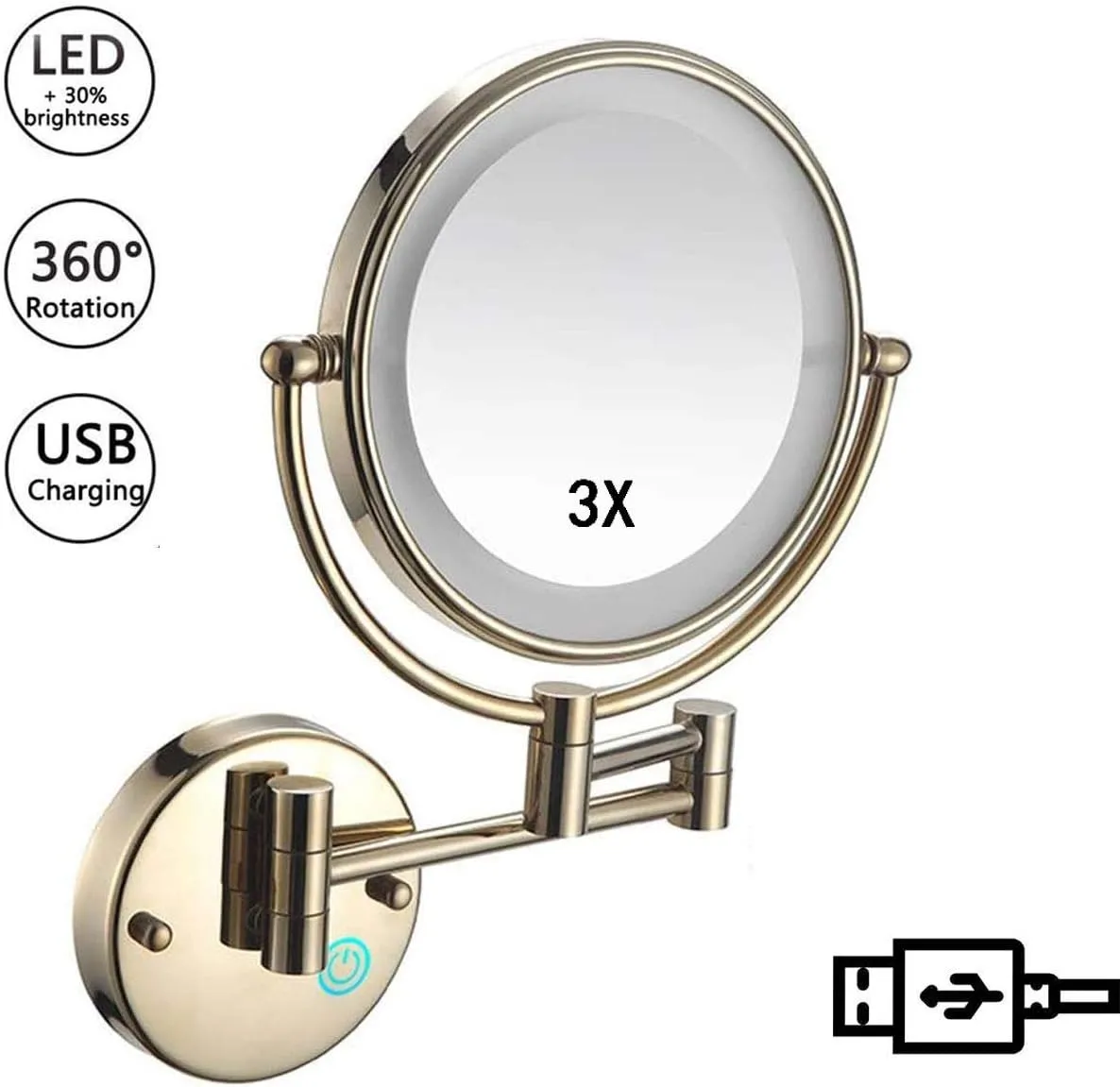 Makeup Mirror Wall Mounted, Cosmetic Mirror with Lights and Magnification 3X, Bathroom Mirror 8inch Round Make Up Mirror 360 Rotation, for Bathroom Hotels USB Rechargeable