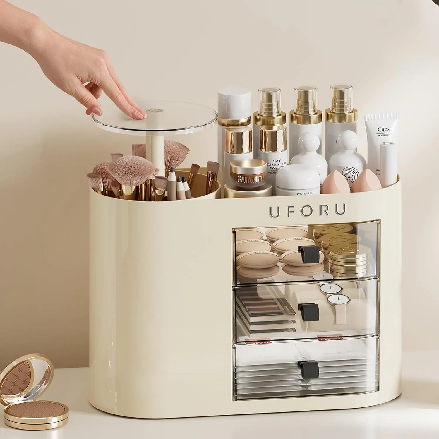 Makeup Organizer with Drawers for Vanity, 4 Slot Brush Holder with One Touch Open,Spacious Cosmetic Storage for Dresser Vanity and Bathroom Countertop, Beauty Holder for Lipstick Skincare(White)