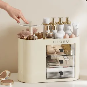 Makeup Organizer with Drawers for Vanity, 4 Slot Brush Holder with One Touch Open,Spacious Cosmetic Storage for Dresser Vanity and Bathroom Countertop, Beauty Holder for Lipstick Skincare(White)