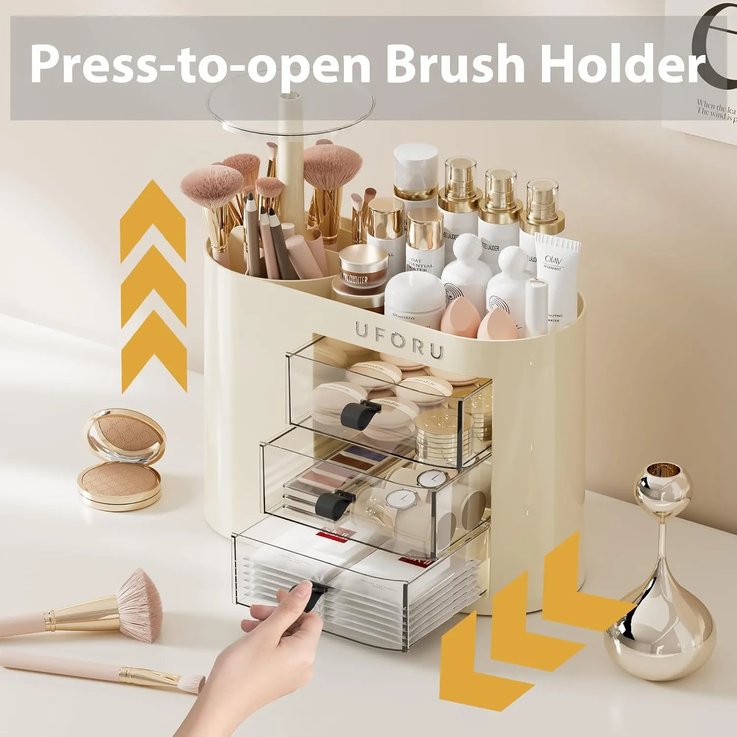 Makeup Organizer with Drawers for Vanity, 4 Slot Brush Holder with One Touch Open,Spacious Cosmetic Storage for Dresser Vanity and Bathroom Countertop, Beauty Holder for Lipstick Skincare(White)