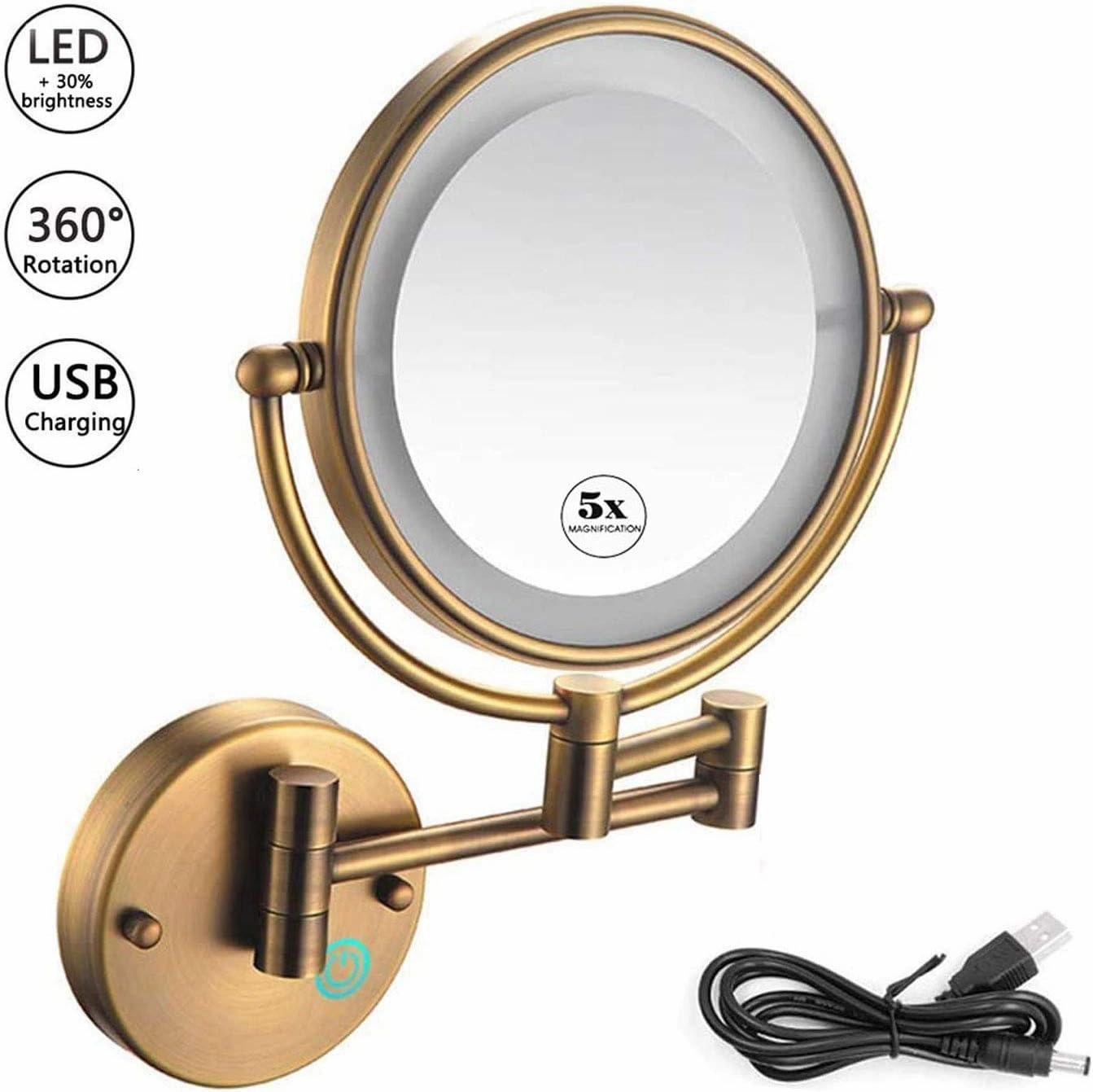 Makeup Mirror LED Luminated Wall Mount with 5X Magnification, Round Makeup Mirror 360 Rotation Double-Sided Makeup Mirror, USB Rechargeable for Bathroom Hotels