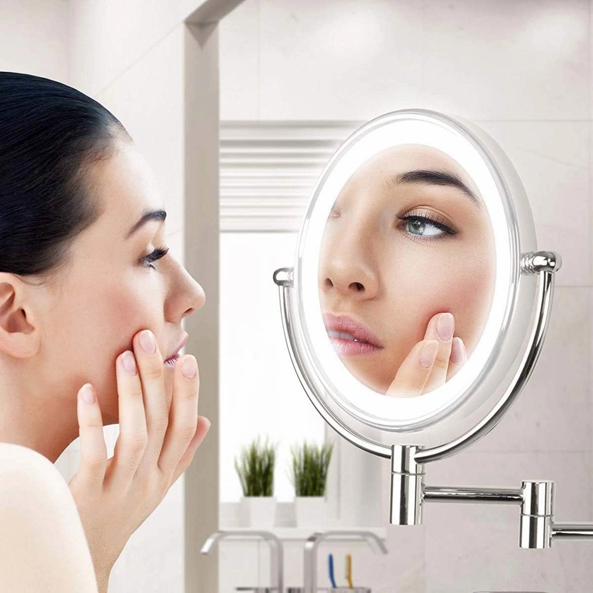 Makeup Mirror LED Luminated Wall Mount with 5X Magnification, Round Makeup Mirror 360 Rotation Double-Sided Makeup Mirror, USB Rechargeable for Bathroom Hotels