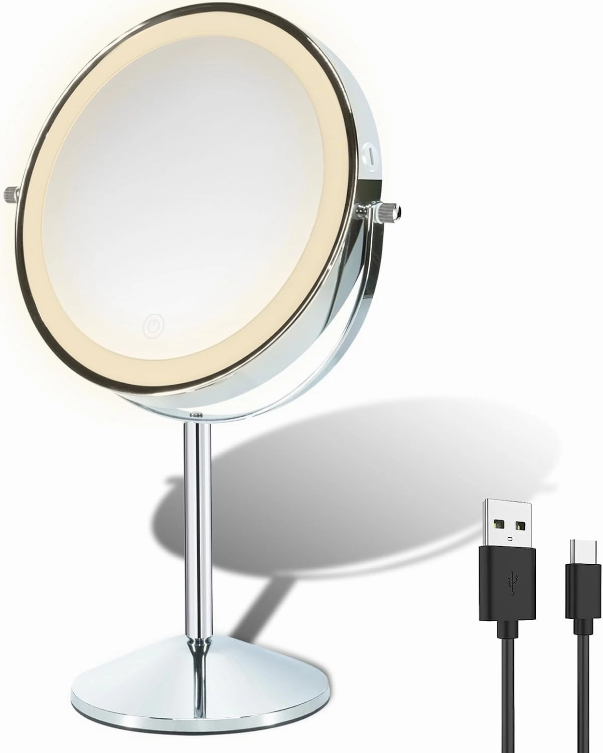 Makeup Mirror with Light, 8 inch Rechargeable 1X 10X Magnifying Mirror, Lighted Vanity Mirror with Magnification, Double Sided 360° Rotation, 3 Colors and Brightness Adjustable