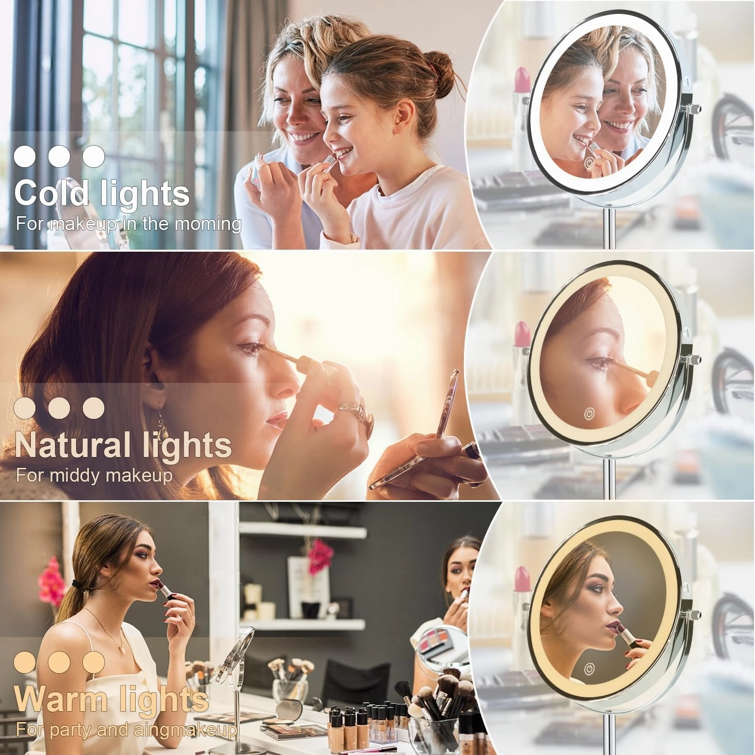 Makeup Mirror with Light, 8 inch Rechargeable 1X 10X Magnifying Mirror, Lighted Vanity Mirror with Magnification, Double Sided 360° Rotation, 3 Colors and Brightness Adjustable
