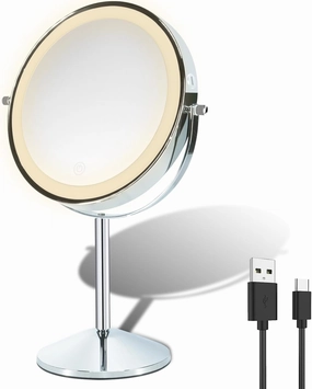 Makeup Mirror with Light, 8 inch Rechargeable 1X 10X Magnifying Mirror, Lighted Vanity Mirror with Magnification, Double Sided 360° Rotation, 3 Colors and Brightness Adjustable