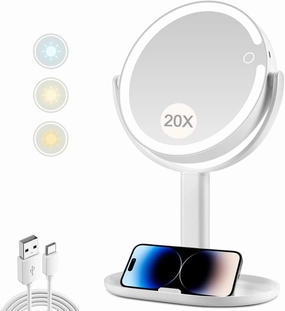 Makeup Mirror with Lights, 20X Magnifying Mirror with Light and Touch Switch, Vanity Mirror with 3 Color Light and 80 Leds, 2-Sided Desk Mirror with Light 8.8 Inches