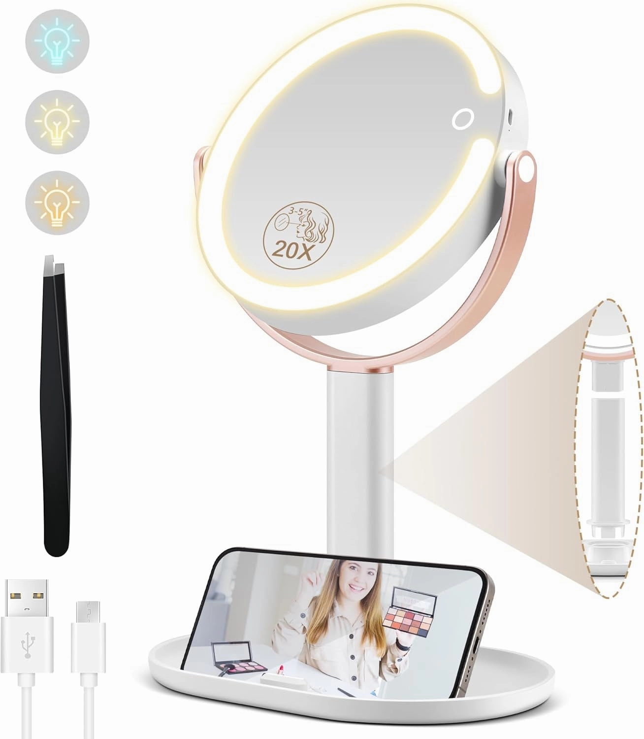 Makeup Mirror with Lights, Double Sided 1X/20X Magnifying Mirror with Light, Rechargeable 3 Color Lights and Adjustable Brightness, 360° Rotation Detachable Comes with Tweezer(White)