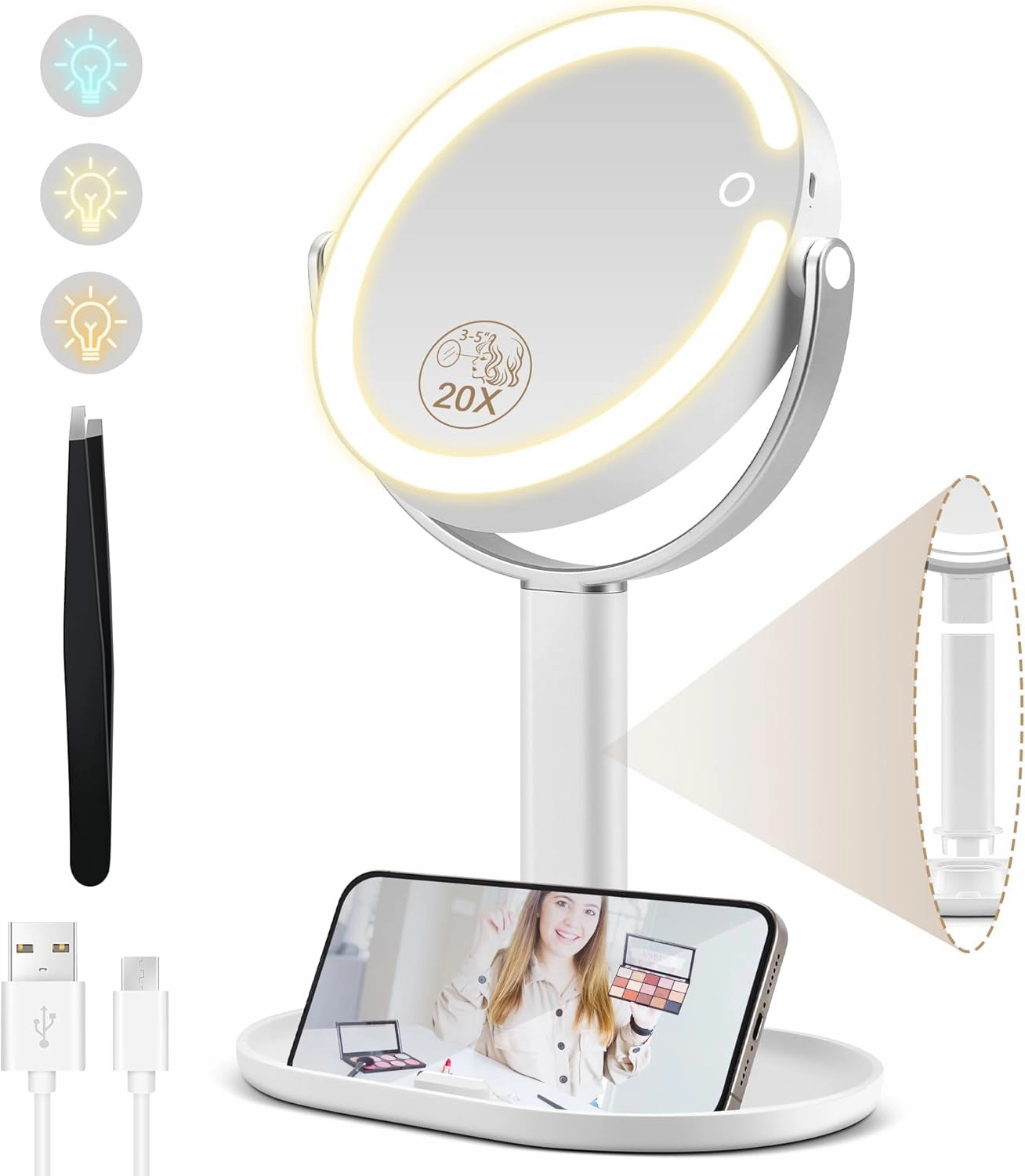 Makeup Mirror with Lights, Double Sided 1X/20X Magnifying Mirror with Light, Rechargeable 3 Color Lights and Adjustable Brightness, 360° Rotation Detachable Comes with Tweezer(White)