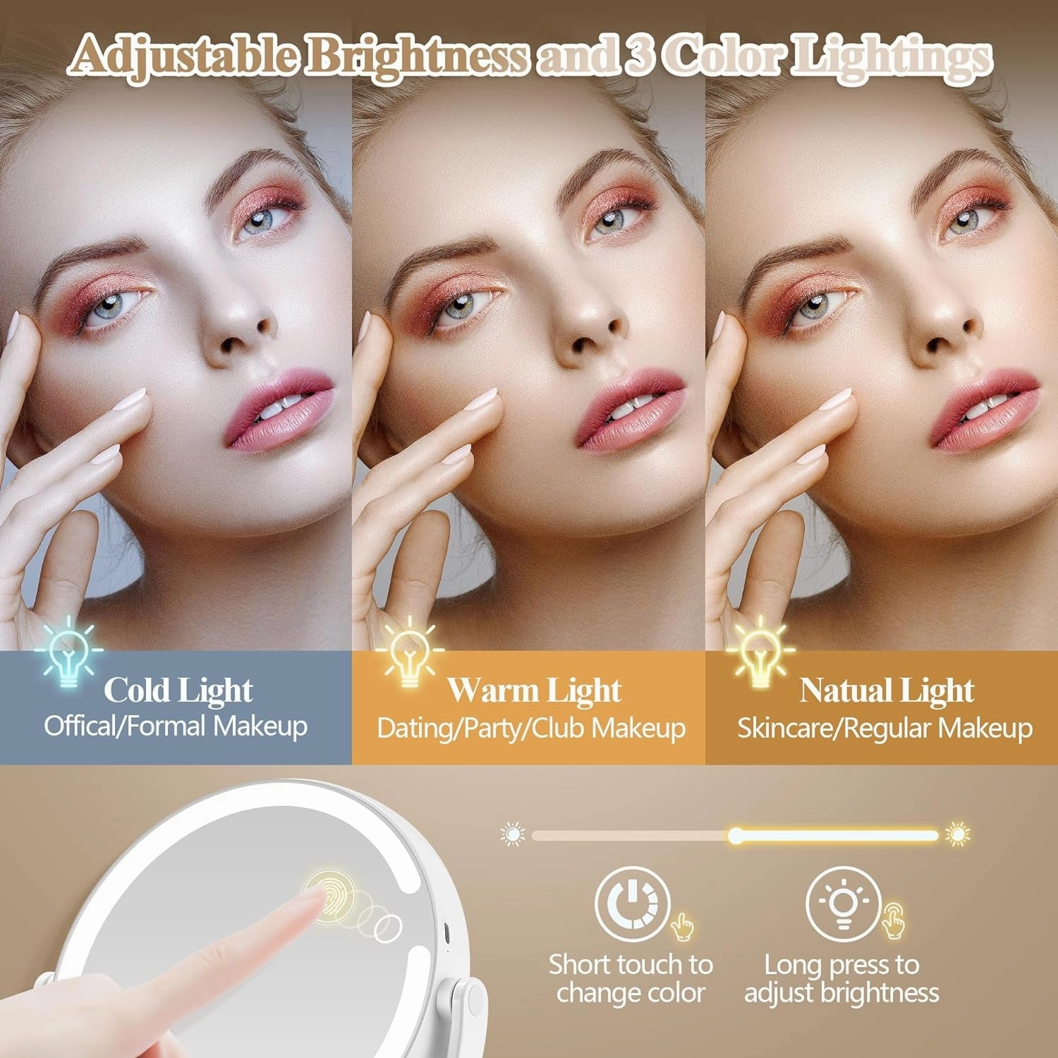 Makeup Mirror with Lights, Double Sided 1X/20X Magnifying Mirror with Light, Rechargeable 3 Color Lights and Adjustable Brightness, 360° Rotation Detachable Comes with Tweezer(White)