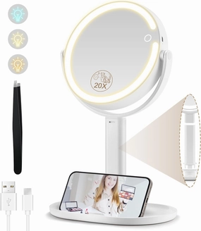 Makeup Mirror with Lights, Double Sided 1X/20X Magnifying Mirror with Light, Rechargeable 3 Color Lights and Adjustable Brightness, 360° Rotation Detachable Comes with Tweezer(White)