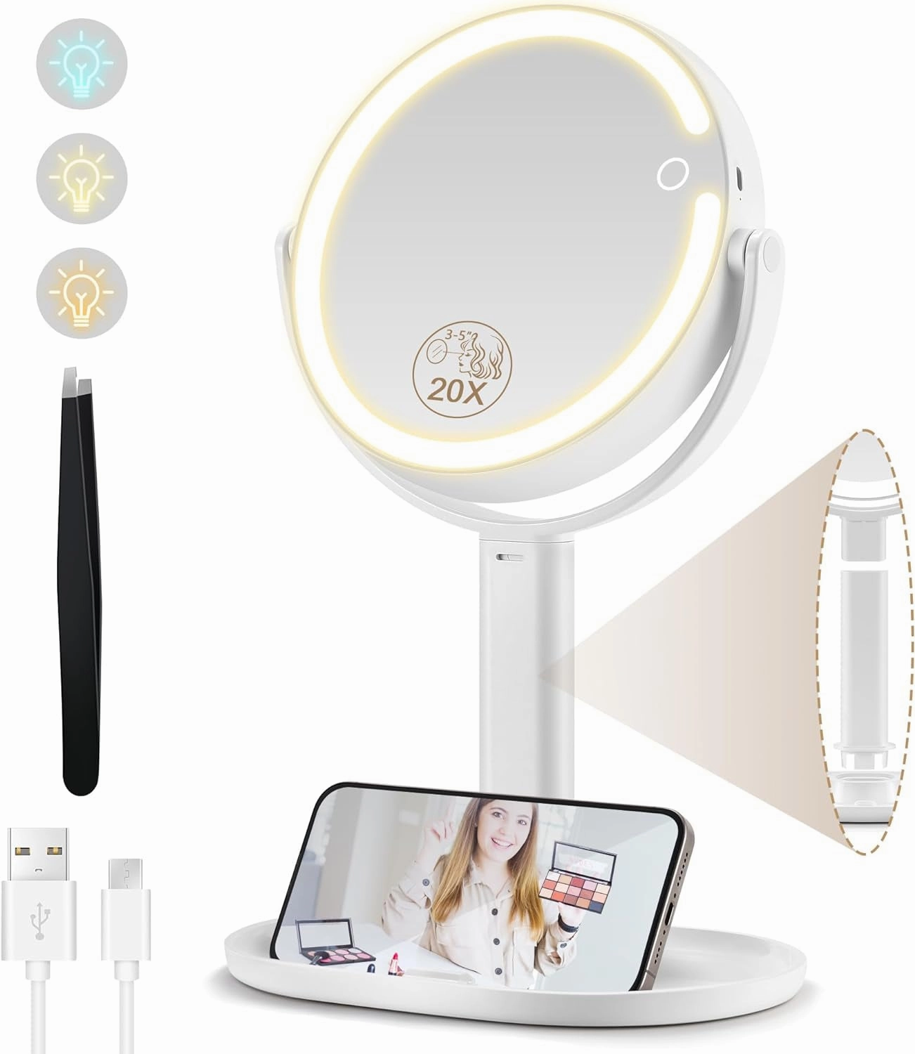 Makeup Mirror with Lights, Double Sided 1X/20X Magnifying Mirror with Light, Rechargeable 3 Color Lights and Adjustable Brightness, 360° Rotation Detachable Comes with Tweezer(White)