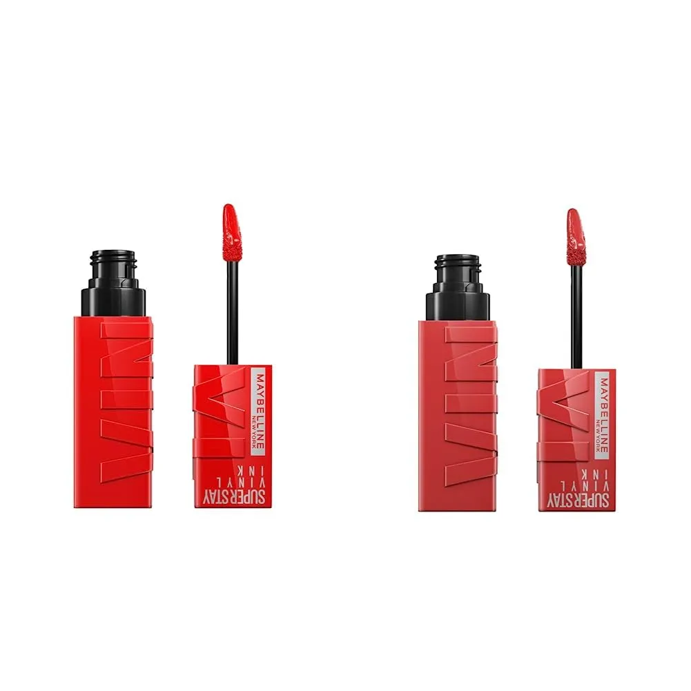 MAYBELLINE Super Stay Vinyl Ink Longwear No-Budge Liquid Lipcolor Makeup Bundle with Peachy 0.14 fl oz and Red-Hot 0.14 fl oz