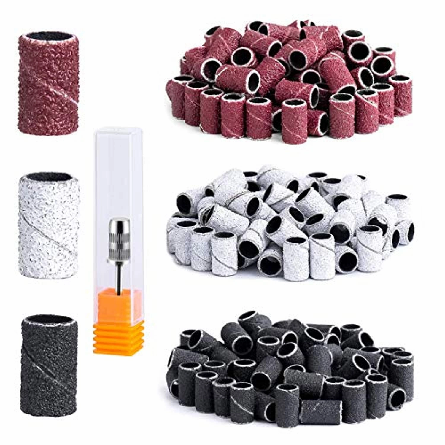 MelodySusie Ceramic Nail Drill Bits Set, 3/32''(2.35mm) Professional Acrylic Nail File Drill Bit for Manicure Pedicure Cuticle Gel Nail Polishing, 7pcs with 300 Pcs Sanding Bands