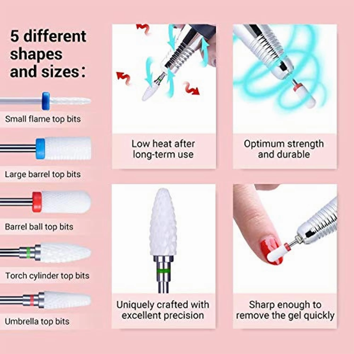 MelodySusie Ceramic Nail Drill Bits Set, 3/32'' (2.35mm) Professional Acrylic Nail File Drill Bit for Manicure Pedicure Cuticle Gel Nail Polishing