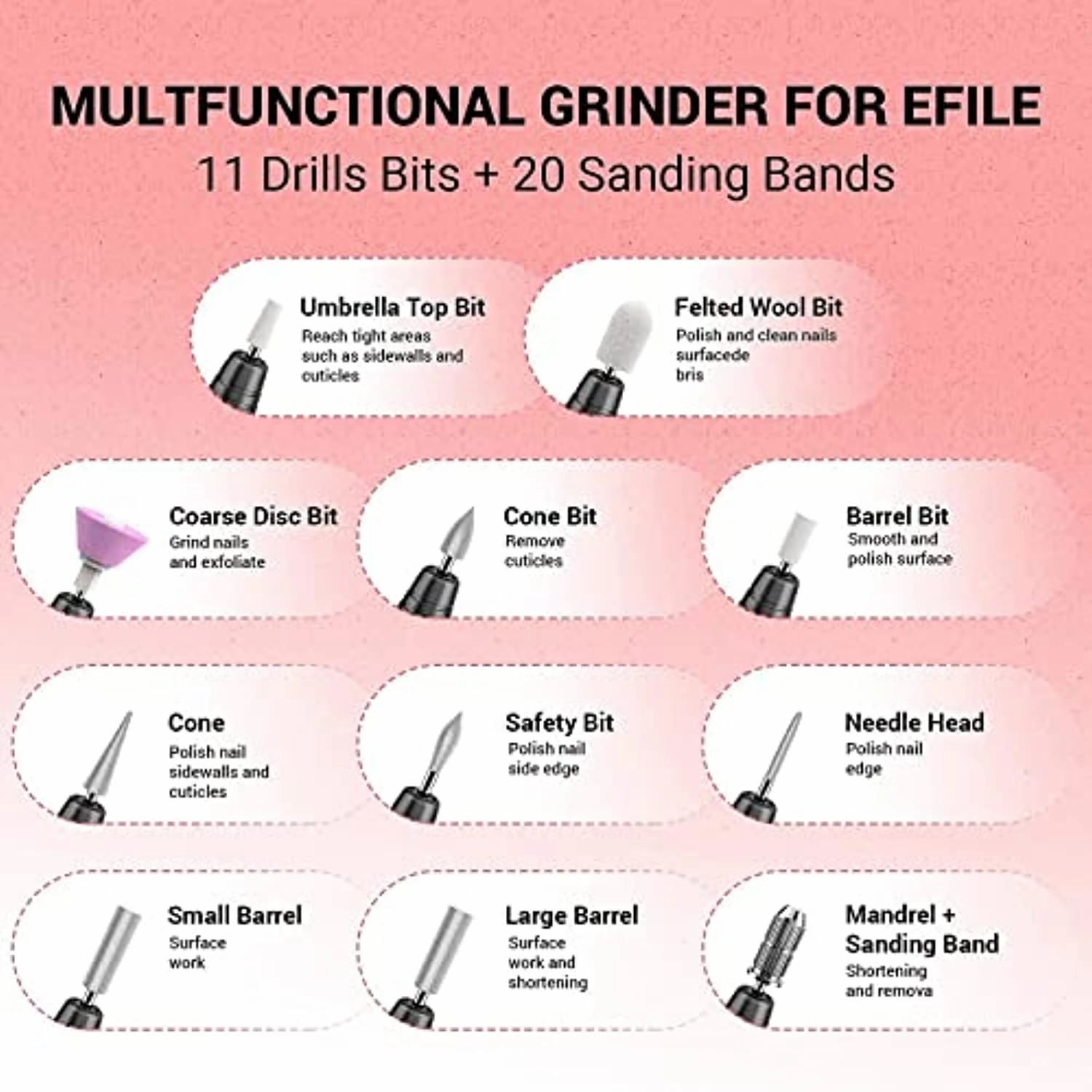 MelodySusie Electric Nail Drill 11 in 1 Kit with 10Pcs Diamond Nail Drill Bit Set, Portable Nail Drill Machine Electric Nail Filer Efile Nail Dremel Set for Acrylic Nails, Manicure Pedicure Tools