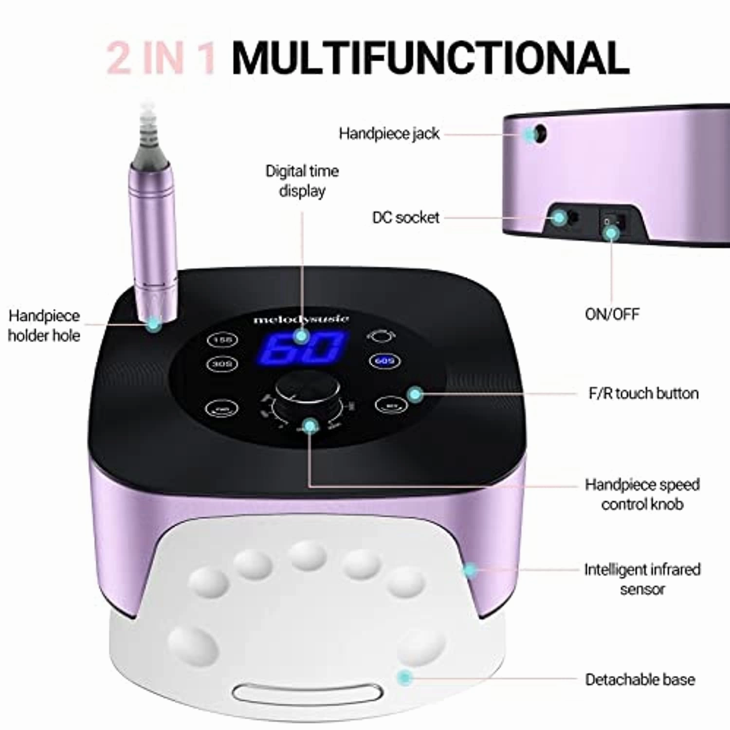 MelodySusie Professional 2 in 1 Nail Drill with Nail Lamp, 60W Nail Dryer with 4 Timer Setting Sensor for Acrylic Gel Poly Nails Curing and Removing, Salon Home Use