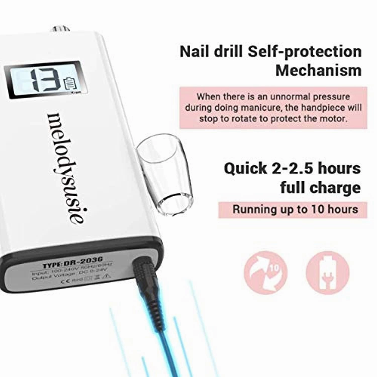MelodySusie Professional Rechargeable 30000 rpm Nail Drill, Portable Electric E File Scamander, Acrylic Gel Grinder Tools with 6 Bits and Sanding Bands for Manicure Pedicure Shape Carve Polish