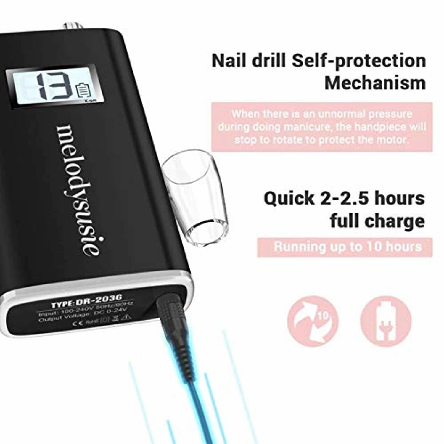 MelodySusie Professional Rechargeable 30000 rpm Nail Drill with Professional Nail Drill Bit 4XC, Portable E-File with Long Life Battery, Electric Tool for Acrylic Nail Natural Extension Poly Nail Gel