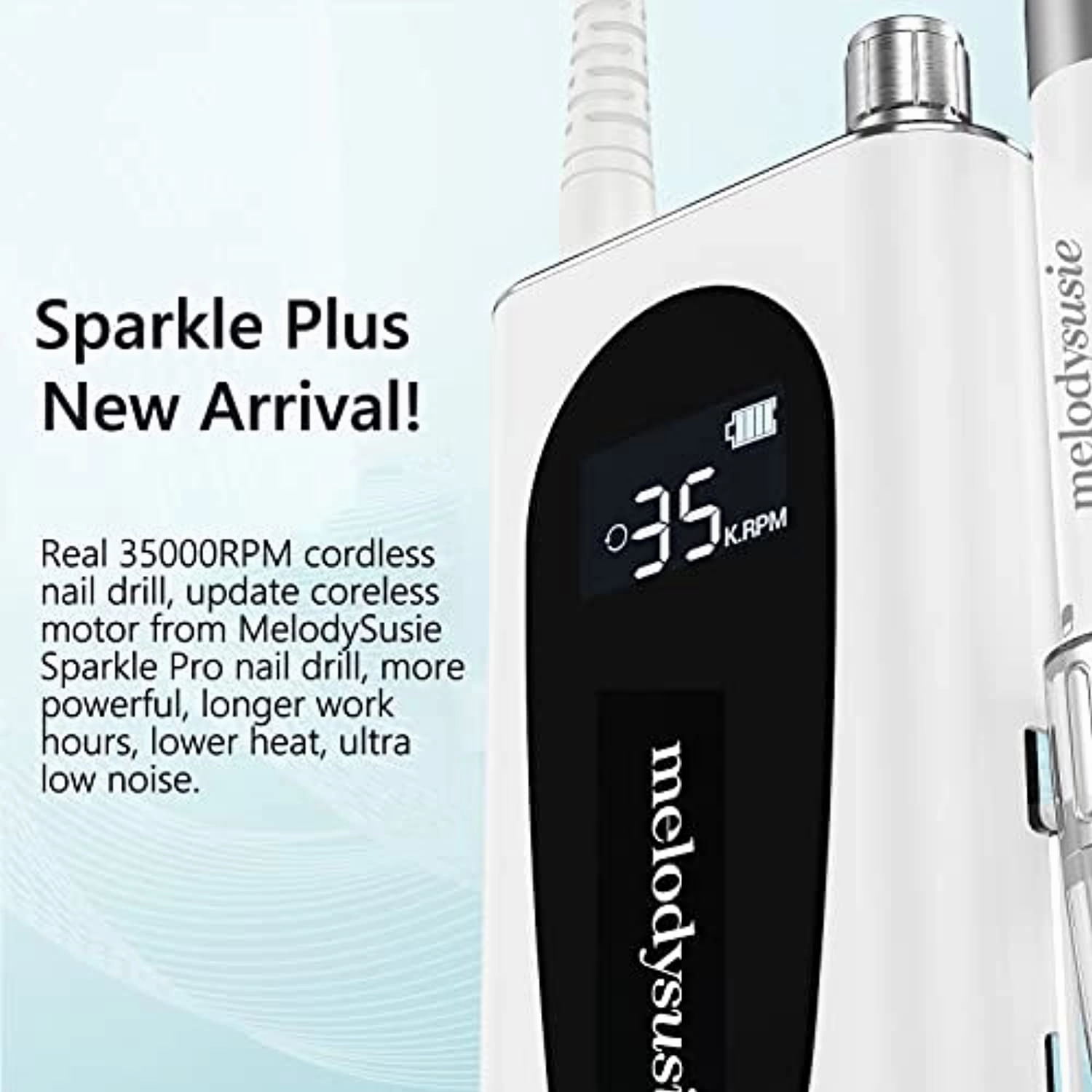 MelodySusie Professional Rechargeable 35000RPM Nail Drill, Cordless Portable Electric E File for Acrylic Gel Nails, Manicure Pedicure Shape Carve Tools with Low Noise Low Heat, Sparkle Plus