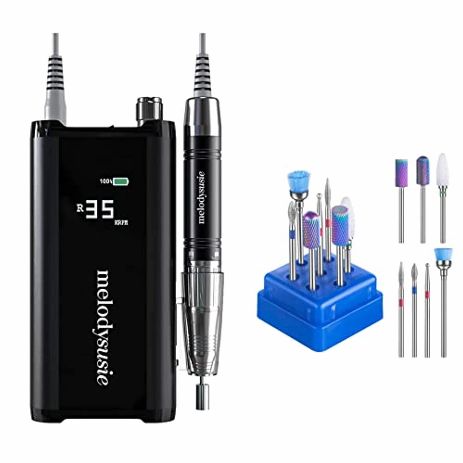 MelodySusie Professional Rechargeable Nail Drill Machine 35000 RPM, Portable Cordless Efile Nail Drill Kit with Low Noise, Low Vibration, Low Heat for Acrylic Gel Nails, Manicure Pedicure, Home Salon