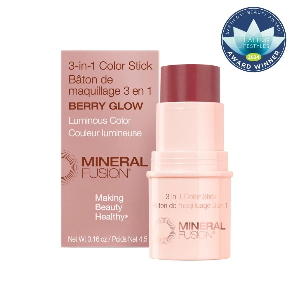 Mineral Fusion 3-in-1 Color Stick, Instant Color Pop and Blush for Cheeks, Creamy Lightweight Formula, Multi-Use Eye, Face, and Lip Makeup, Berry Glow