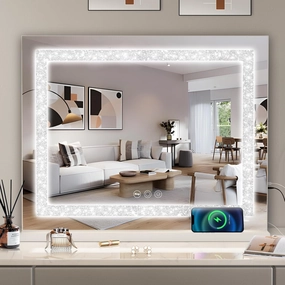 Misavanity Vanity Mirror with Lights Tempered Glass 22.8" x 18.1" Lighted Makeup Mirror with Lights Strip Crushed Crystal 3 Colors Modes Dimmable Lights USB Charging Port and 10X Magnification, White