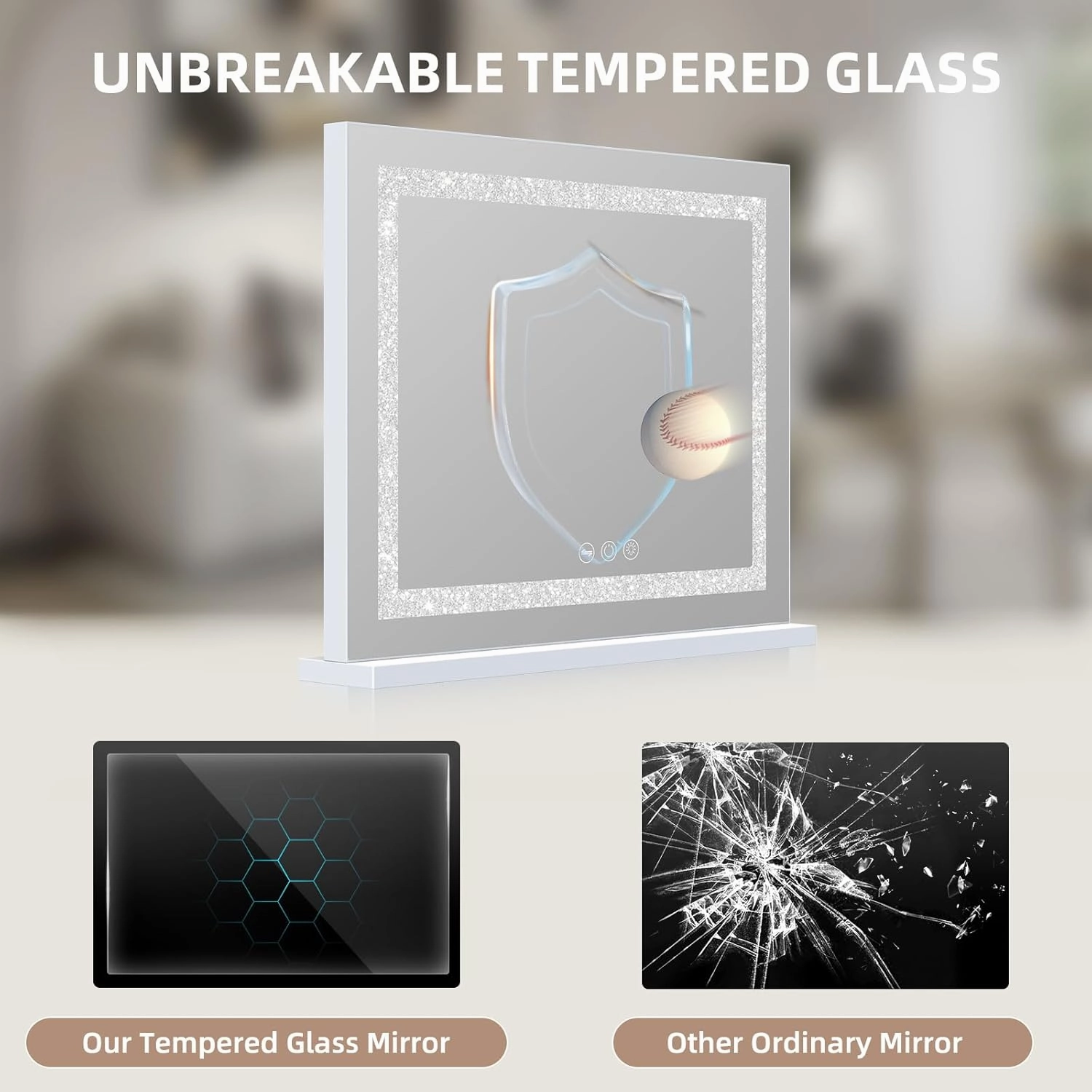 Misavanity Vanity Mirror with Lights Tempered Glass 22.8" x 18.1" Lighted Makeup Mirror with Lights Strip Crushed Crystal 3 Colors Modes Dimmable Lights USB Charging Port and 10X Magnification, White