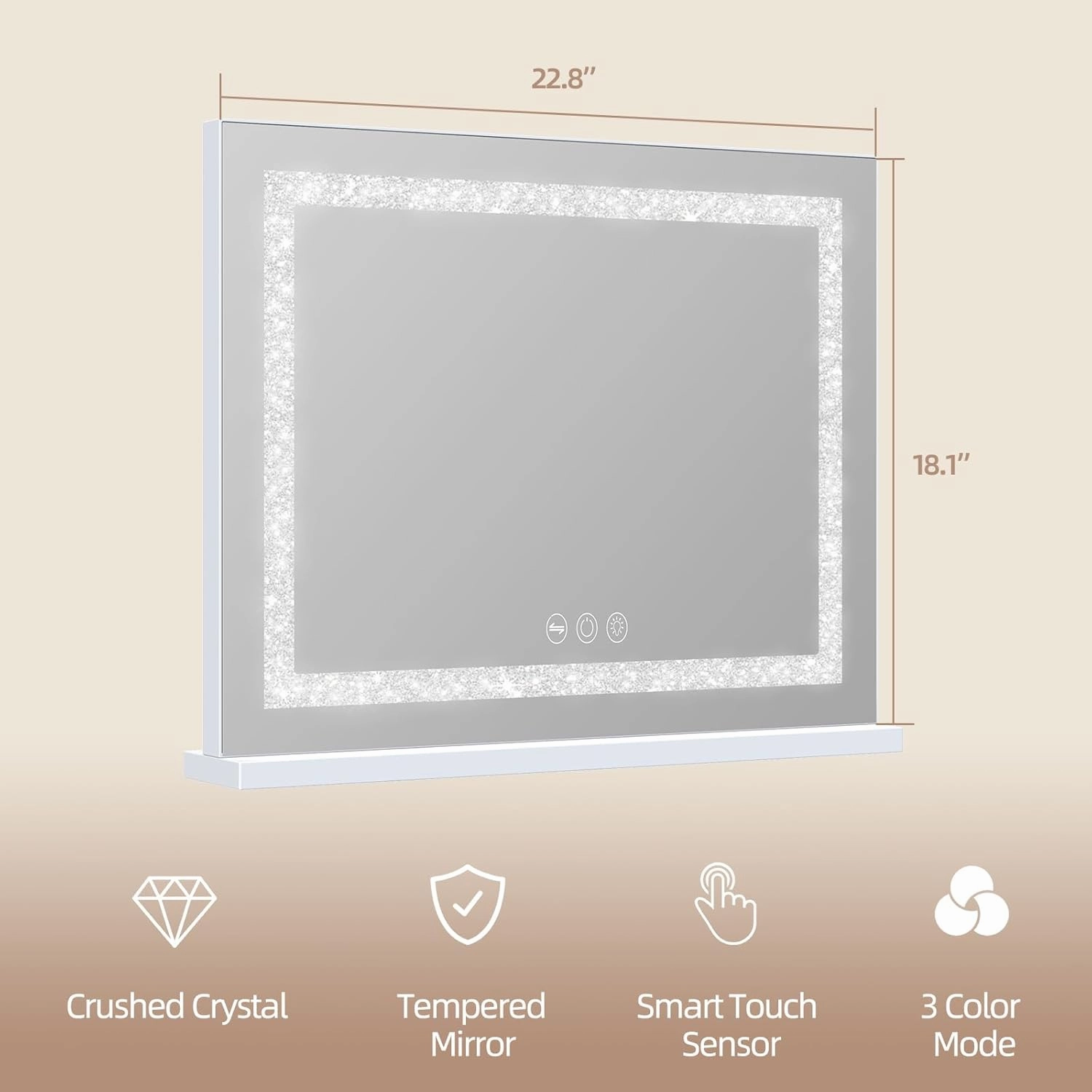 Misavanity Vanity Mirror with Lights Tempered Glass 22.8" x 18.1" Lighted Makeup Mirror with Lights Strip Crushed Crystal 3 Colors Modes Dimmable Lights USB Charging Port and 10X Magnification, White
