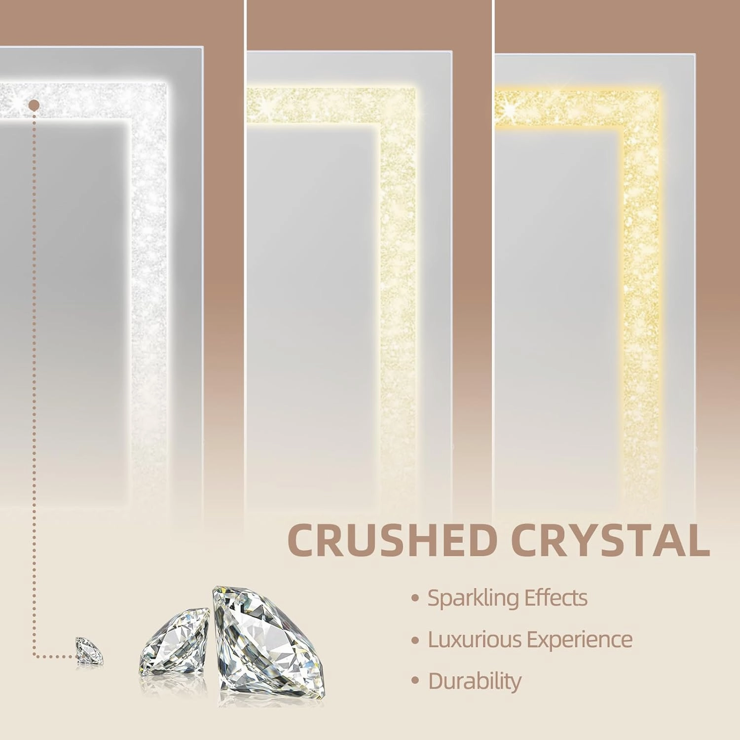 Misavanity Vanity Mirror with Lights Tempered Glass 22.8" x 18.1" Lighted Makeup Mirror with Lights Strip Crushed Crystal 3 Colors Modes Dimmable Lights USB Charging Port and 10X Magnification, White