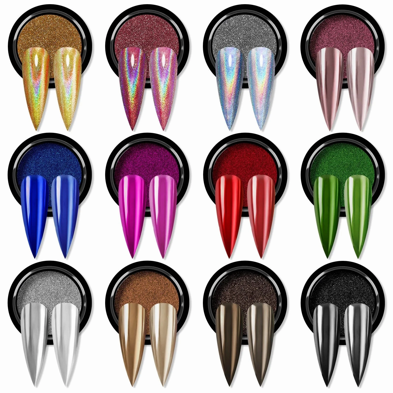 NEW Saviland 12 Jars Holographic Gold Nail Chrome Powder & applicator sticks