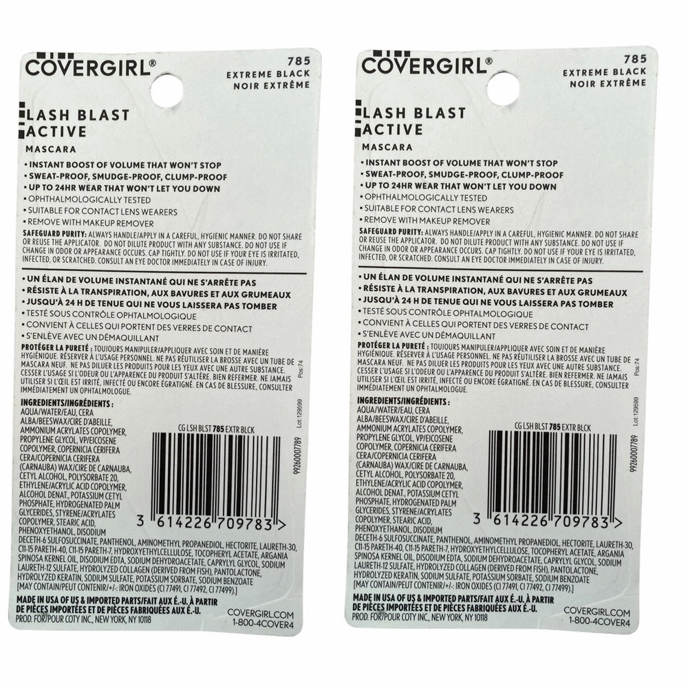 Pack of 2 CoverGirl Lash Blast Active Mascara, Extreme Black 785