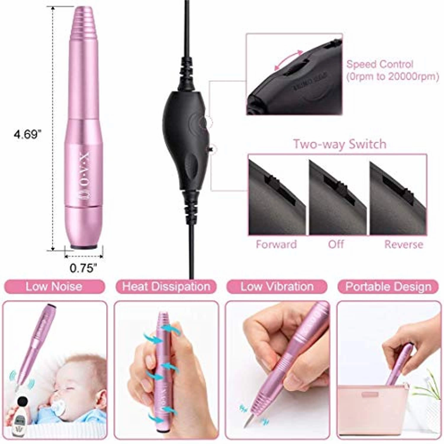 Portable Electric Nail Drill File Machine with Acrylic Nail Kit Set Manicure Pedicure Polishing Shape Tools with 300PCS Nail Sanding Bands Bits Brush for Home Salon Use
